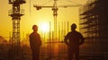 Construction Workers Overseeing Site at Sunset Silhouette. Royalty Free Stock Photo
