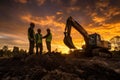 Two construction workers stand by an excavator at sunset Royalty Free Stock Photo