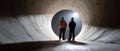 Two construction workers standing inside a large concrete tunnel with bright light at the end, inspecting or discussing the Royalty Free Stock Photo