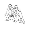 Two construction workers talking in hard hats illustration vector isolated on white background line art Royalty Free Stock Photo
