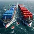 Two container ships sailing parallel, one with USA-themed and the other with China-themed containers. Generative AI Royalty Free Stock Photo