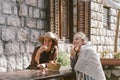 Two Contryside friends eating apple and smile Royalty Free Stock Photo