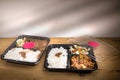 Two convenient take-away meal box with rice, meat and vegetable Royalty Free Stock Photo
