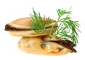 Two cooked unshelled sea mussel with dill twig