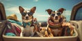 Two cool dogs with sun glasses at the beach.Vacation concept, summer feelings. Generative AI