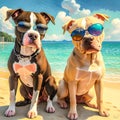 Two cool dogs in sunglasses on the beach on a bright sunny day