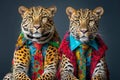 Two cool fashionable leopards wearing colorful funky clothes. Cute anthropomorphic animals