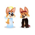 Two corgi characters. Puppies in angel and devil costumes. Wings and halo, horns and tail. Funny domestic animals. Flat Royalty Free Stock Photo