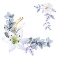 Two corner frame with white lilies, rose, grey and purple leaves and herbs, isolated on white background. Hand drawn watercolor. Royalty Free Stock Photo