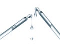 Two cosmetic pipettes with dripping drops closeup isolated on a white background