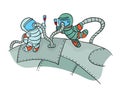 Two cosmonauts drinking wine in outer space. Funny picture to the day of cosmonautics. Vector Illustration, isolated on