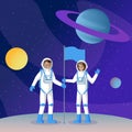 Two cosmonauts placing flag flat illustration. Male and female smiling astronauts in outer space waving hands cartoon