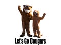 Two cougar mascots waving with white background and lets go cougars written underneath