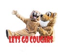 Two cougar mascots with white background reading lets go cougars