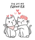 Two couple cute white kitten cat in love cartoon outline drawing flat design, you are my favorite Royalty Free Stock Photo