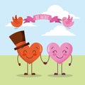 Two couple hearts cartoon holding hands be mine card invitation