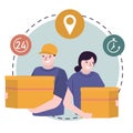 Two couriers holding cardboard boxes. Man and woman delivering orders to customers. Deliveryman with parcel Royalty Free Stock Photo