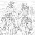 Two cowboys on horseback in desert .Coloring book antistress for children and adults Royalty Free Stock Photo