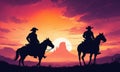 Two cowboys on horses ride in the desert at dusk, under a colorful sky Royalty Free Stock Photo