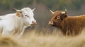 Two Cattle, White and Brown, Standing in Dry Grass Field Royalty Free Stock Photo