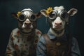 Two cows in futuristic post apocalyptic masks and human clothes Royalty Free Stock Photo