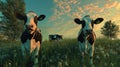 Happy Cows Grazing in a Lush Green Field at Sunset Royalty Free Stock Photo