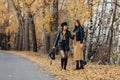 two cozy young girls walk at autumn park road an make photos Royalty Free Stock Photo