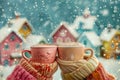 Two Cozy Winter Mugs Wrapped in Scarves Against Snowy Miniature Village Background