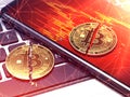 Two cracked golden bitcoin coins laying down. Cryptocurrencies price plummets. 3D rendering Royalty Free Stock Photo