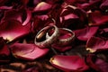 two cracked wedding rings nestled in dried rose petals Royalty Free Stock Photo