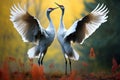 two cranes, a male and a female, dancing in a meadow