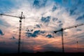 Two cranes on sunset background Royalty Free Stock Photo