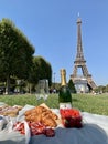 Two croissant and strawberry in the picnic with Eiffel tower on a morning