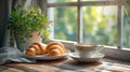 Two croissants, a cup of coffee, two plants in pots on the windowsill. Royalty Free Stock Photo
