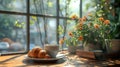 Two croissants, a cup of coffee, two plants in pots on the windowsill. Royalty Free Stock Photo