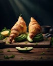 two croissants on a cutting board with avocado