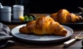Two croissants on a plate with a fork and knife on a table Royalty Free Stock Photo