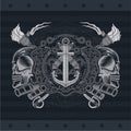 Two cross cannon with anchor, between skull profile and vintage weapons. Marine label isolated on black