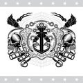 Two cross cannon with anchor, between skull profile and vintage weapons. Marine label isolated