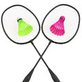 Two crossed badminton rackets with brightly colored shuttlecocks ready for play white background Royalty Free Stock Photo