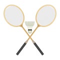 Two crossed badminton rackets and white shuttlecock with black line. Royalty Free Stock Photo