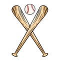 Two crossed baseball bats and ball, icon sports logo. Vector isolated illustration,. Simple shape for design logo, emblem, symbol Royalty Free Stock Photo