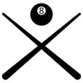 Two crossed billiard cues and a ball with the number 8