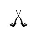 Two crossed brooms. Witch broom. Halloween party logo. Witchcraft and wizardry