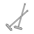 Two crossed brushes icon. Linear logo of long stick with rectangular header. Black illustration of mops and mopping. Contour