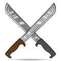 Two crossed cartoon machetes. Vector illustration on white background.