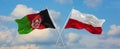 two crossed flags Afghanistan and Poland waving in wind at cloudy sky. Concept of relationship, dialog, travelling between two
