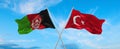 two crossed flags Afghanistan and Turkey waving in wind at cloudy sky. Concept of relationship, dialog, travelling between two