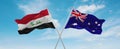 two crossed flags Australia and Iraq waving in wind at cloudy sky. Concept of relationship, dialog, travelling between two