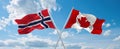 two crossed flags canada and Norway waving in wind at cloudy sky. Concept of relationship, dialog, travelling between two
